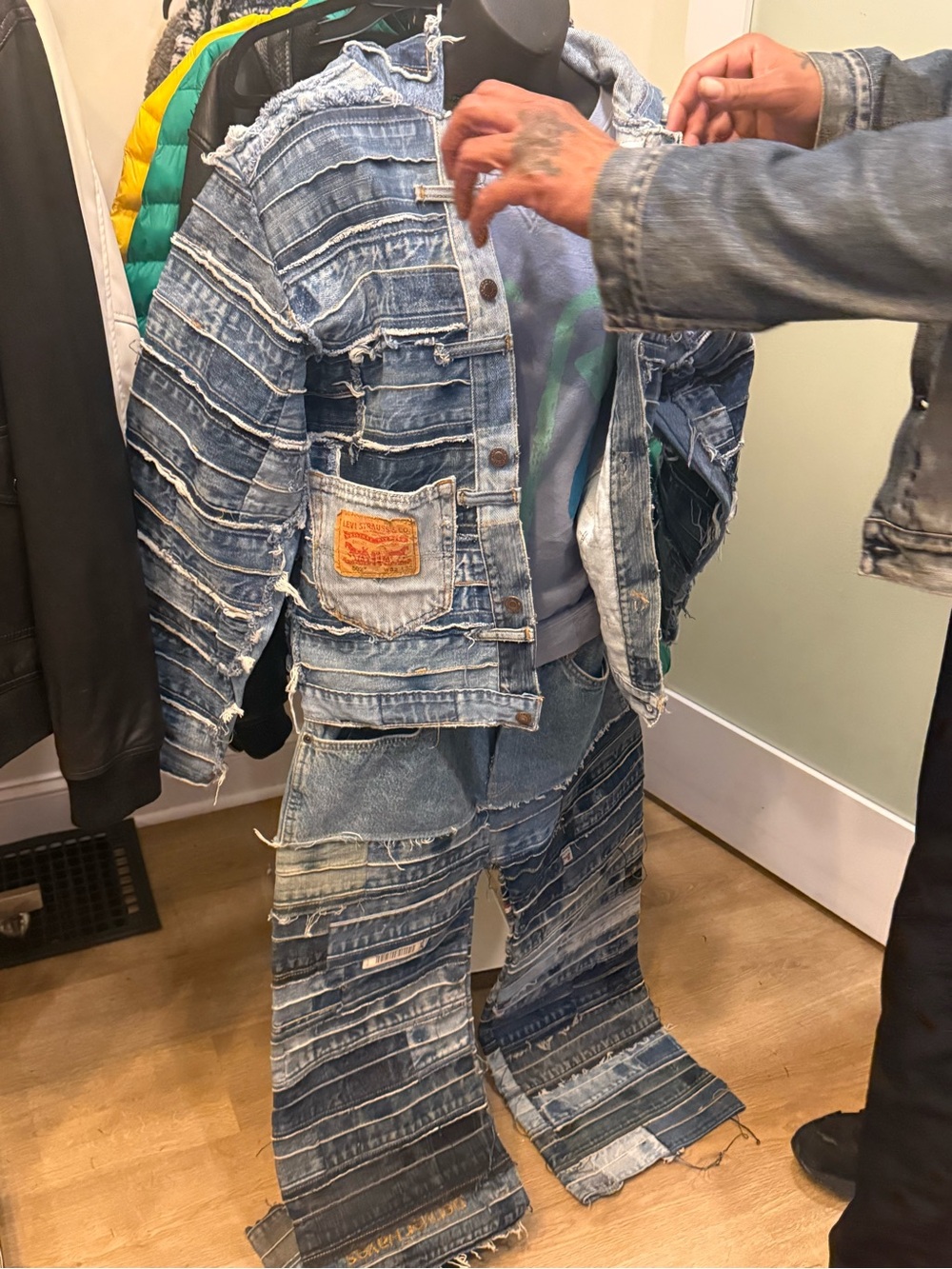Men's Distressed Patchwork Blue Denim Jeans - Vintage Style one of one